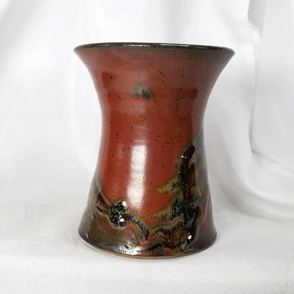 Artisan Studio Art Pottery Vase With Earthy Tones & Drip Glaze Detailing